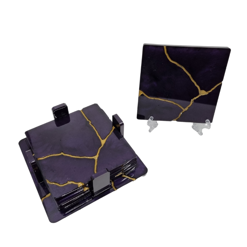 Kintsugi Purple With Gold Etching Coaster Set & Holder